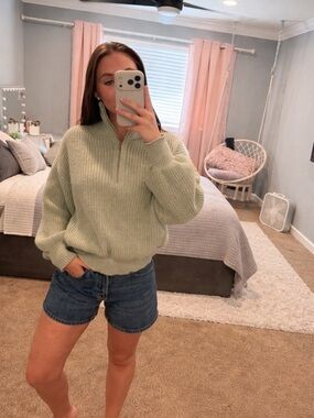 Women's Light Sage Half-Zip Cozy Knit Sweater